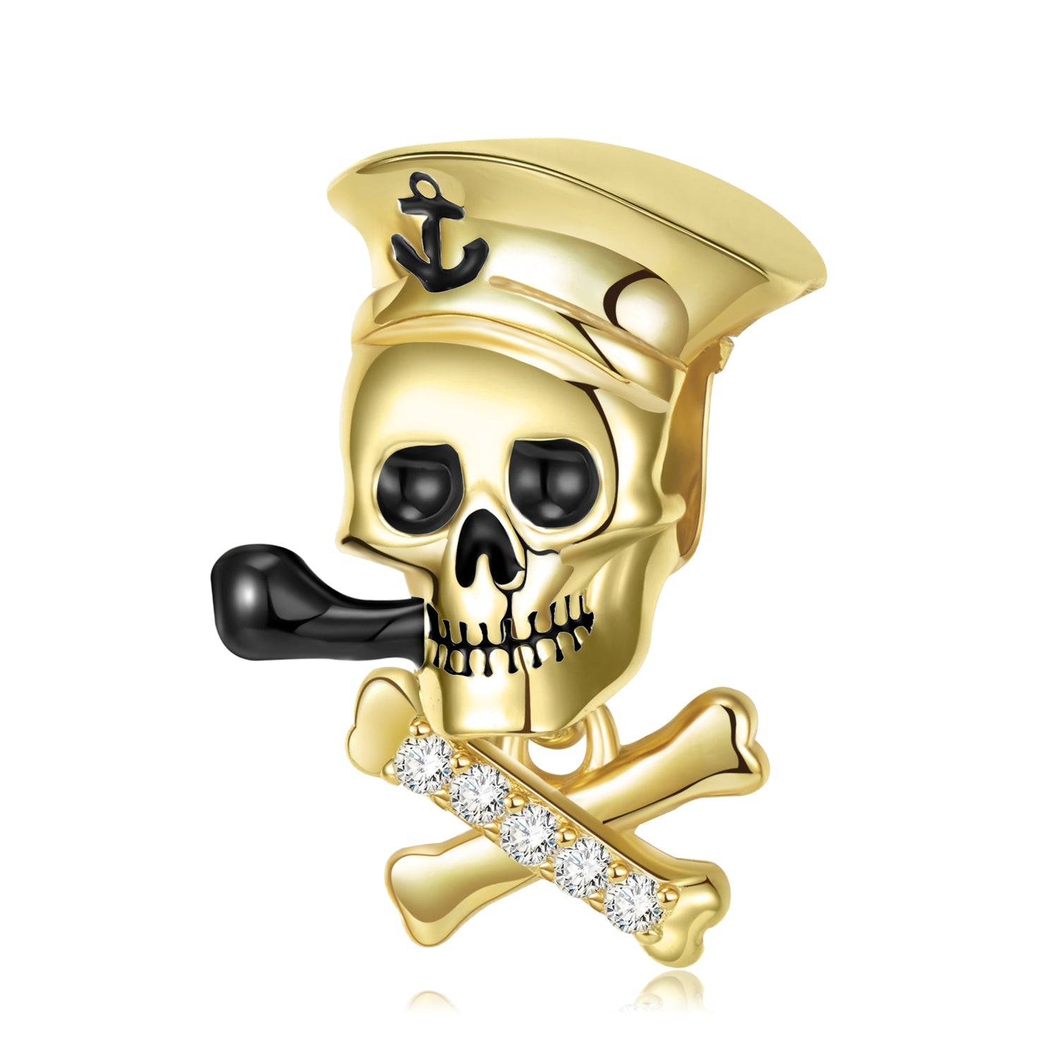 Crâne doré avec pipe et chapeau de capitaine